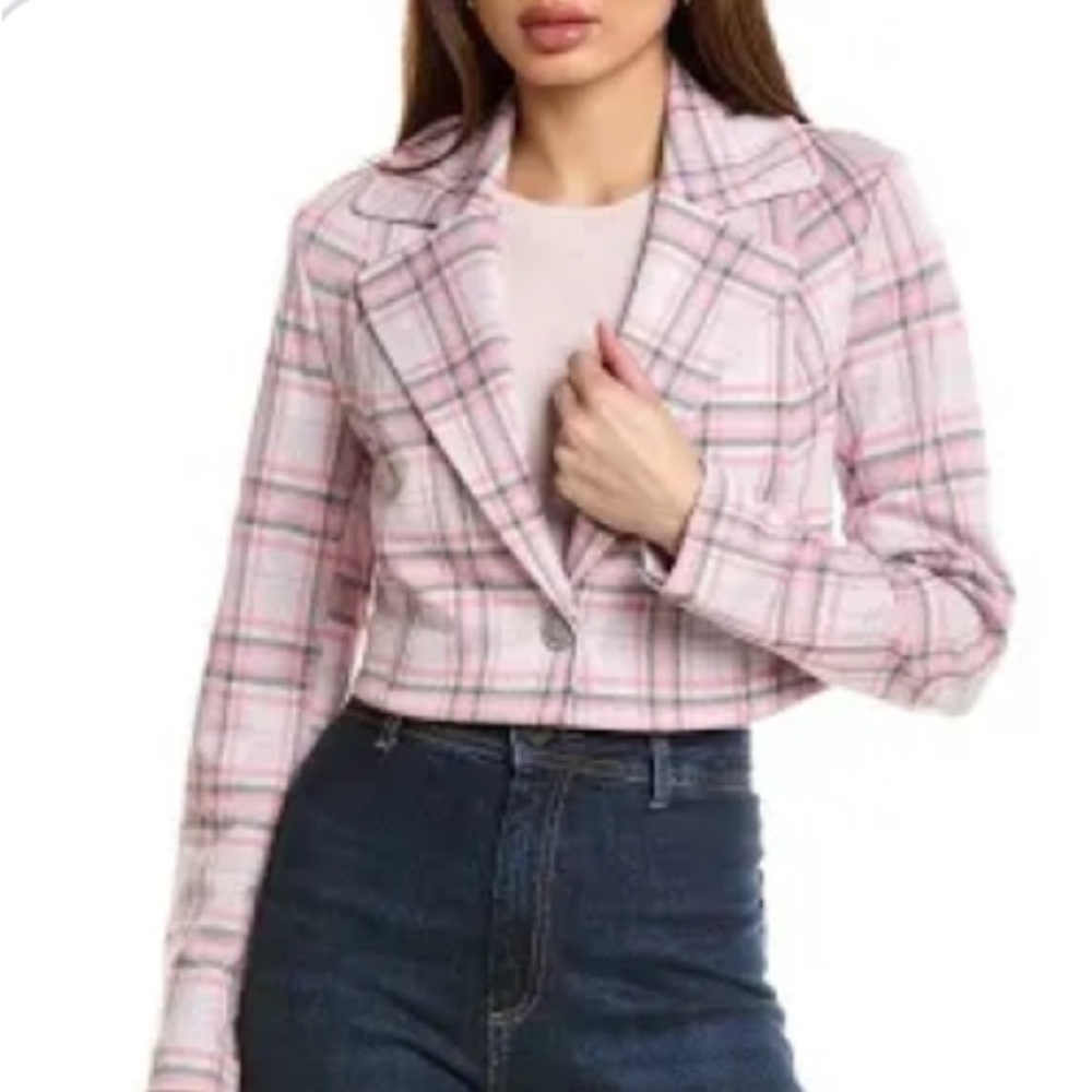 NWOT Cabi #6257 Women's Pink White Gray Purple Plaid Cropped Blazer Size M